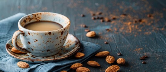 Aufkleber - Copy space image of an almond in a ceramic cup set on a blue napkin.