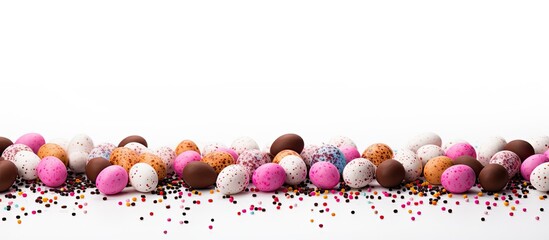 Fototapete - A white background with chocolate eggs and sprinkles provides an attractive setting for an Easter-themed copy space image.