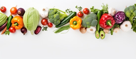 Fototapete - Top-down view of fresh vegetables on a white table background, creating a composition with copy space image.