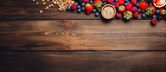 Aufkleber - Wooden background showcases a flat lay image featuring homemade granola topped with various berries and honey, leaving room for additional content with copy space.