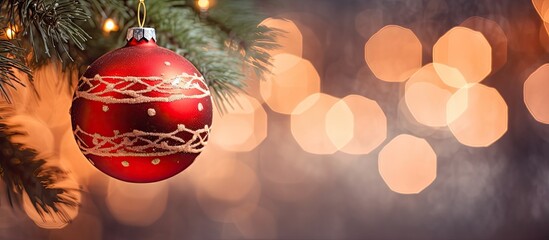 Wall Mural - Close-up of a red Christmas ornament on a green tree branch with string lights in the background for a winter holidays greeting card and copy space image.