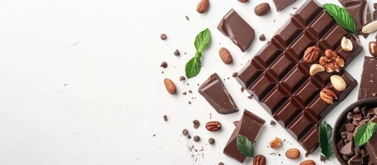 Fototapete - Dark and milk chocolate isolated. Handmade chocolate with nuts. Chocolate bars on a white background top view. with copy space image. Place for adding text or design