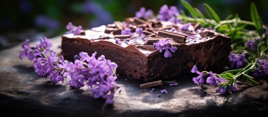 Poster - A stone plate holds a decadent homemade dark chocolate fudge brownie cake with room for text, set against a background of lavender flowers for a picturesque copy space image.