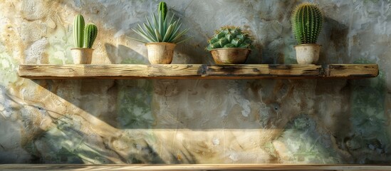Fototapete - Wooden shelves on top, with cactus background, ideal for product display with copy space image.