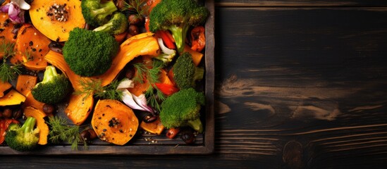 Poster - Rustic autumn pumpkin dish with grilled spices, olive oil, herbs, broccoli, and onions on a baking sheet. White wooden background from a top view with a copy space image.