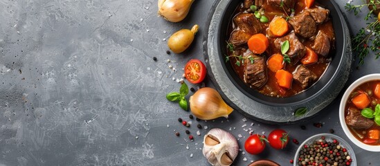 Poster - Vegetables accompany a beef bourguignon stew on a grey backdrop highlighting a copy space image.