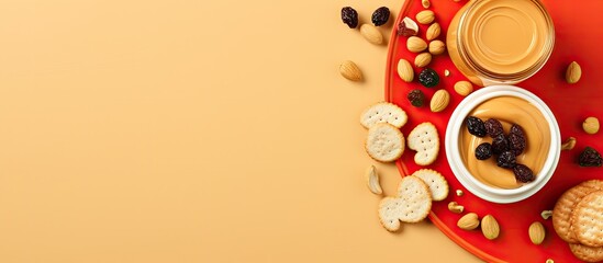 Aufkleber - Top-down view of a peanut butter jar on a white plate, accompanied by cookies, buttered bread, cherries, and peanuts on a vibrant orange backdrop, offering copy space for an image.