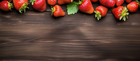 Fototapete - Fresh strawberries grouped on a wooden surface with copy space image, depicting healthy and vegetarian food, shot from above.