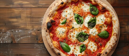 Poster - Top-down view of a Pizza Margherita displayed on a wooden surface, with ample copy space available in the image.