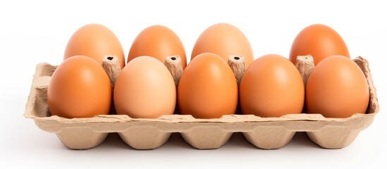 Poster - Hen eggs in a paper container, isolated on a white background with a blank space for text or images. with copy space image. Place for adding text or design