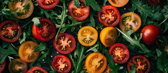 Poster - An aerial view of a mix of various tomatoes with arugula leaves, creating a fresh and healthy summer dish, presented with copy space image.