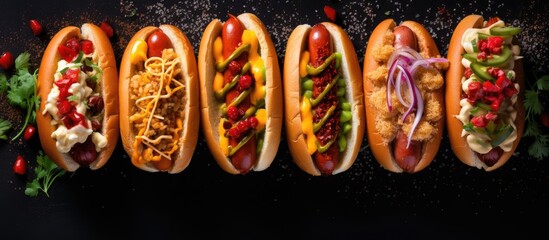 Poster - Top view of various hot dogs with different toppings on a dark background, creating a food-themed image with space for text. Fast food concept. with copy space image. Place for adding text or design