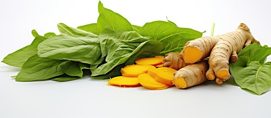 Aufkleber - White background featuring Turmeric, Curcuma with leaf isolated for a copy space image.