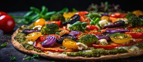 Poster - Close-up of a rustic Italian-style vegan pizza topped with fresh vegetables and pesto on a gray stone background, perfect for a restaurant menu, showcasing copy space image.