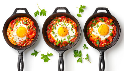 Wall Mural - Delicious shakshuka in frying pans isolated on white, set with top and side views