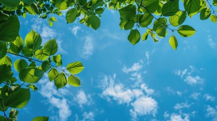 Wall Mural - Green tree leaves against a blue sky