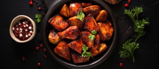 Aufkleber - Top view of a gray ceramic mold filled with roasted chicken in pomegranate sauce and potatoes on a dark background, with space for additional images.
