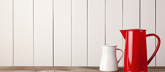 Leinwandbilder - Retro milk can and mug placed on a wooden table with a white background, suitable for adding text or graphics with copy space image.