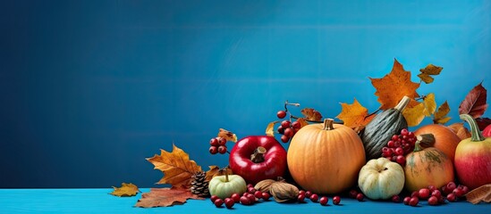 Poster - Fall-themed items such as pumpkins, leaves, apples, nuts, and berries on a blue background, ideal as a template for autumn, Halloween, or Thanksgiving with space for text or images
