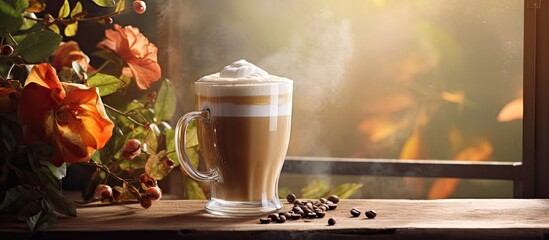 Aufkleber - Steaming latte or frothy cappuccino in a glass mug on a rustic wooden table accompanied by date fruits, offering a perfect copy space image.