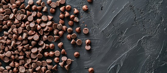 Poster - Chocolate candies on a black backdrop with scattered chocolate chips for a copy space image.