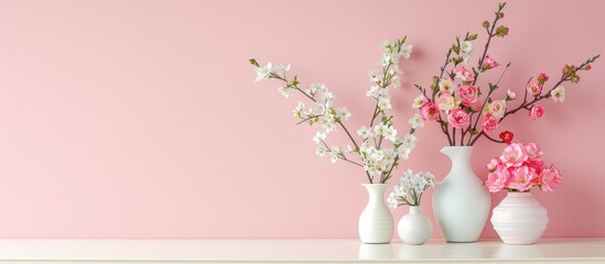 Poster - Spring-themed desk with ample free space for your ornaments and floral arrangements, featuring a background ideal for a copy space image.