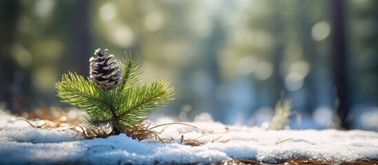 Poster - Snow-covered pine sapling in a sunlit forest with a backdrop for copy space image.