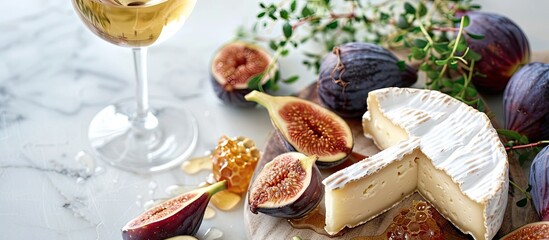 Aufkleber - Top view of Camembert or brie cheese paired with fresh figs, honeycomb, and a glass of wine on a serving board against a white background with room for text or other images. with copy space image