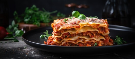 Fototapete - Italian food concept showcased in a close-up image of a classic meat lasagna with cheese on a gray plate, featuring ample space for further elements.
