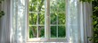 © vxnaghiyev - opened white plastic window at windowsill and lacy curtains against green trees under bright sunlight on summer day. with copy space image. Place for adding text or design