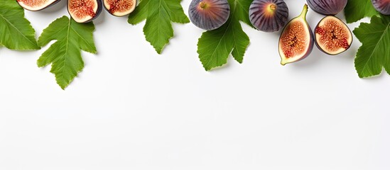 Fototapete - Top view of fig fruits and leaves on white background, ideal for your text. Flat lay pattern with ample copy space image.