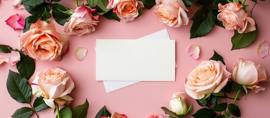 Poster - Color background with blank card and lovely roses, creating a picturesque copy space image.