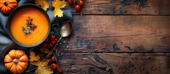 Aufkleber - Autumn-themed table setting with pumpkin carrot soup and ingredients, ideal for food and nutrition concepts. Cozy backdrop with copy space image, top view.