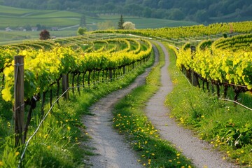 Sunny Vineyard Landscape with Curved Path Through Green Vineyards and Yellow Summer Hues
