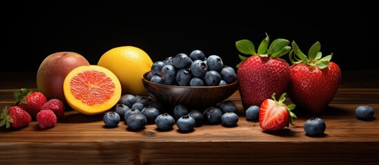 Fototapete - Kiwi, nectarine, blueberry, and raspberry displayed on a dark wooden surface with ample space for additional images.