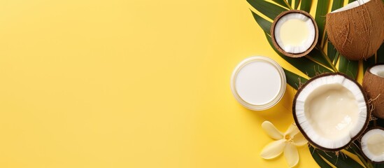 Aufkleber - Top view minimal flat lay style image of organic cosmetics using coconut elements like oil, ripe coconut, and tropical leaves on a yellow background with coconut shavings, oil, and milk with copy