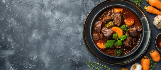 Poster - Vegetables accompany a beef bourguignon stew on a grey backdrop highlighting a copy space image.