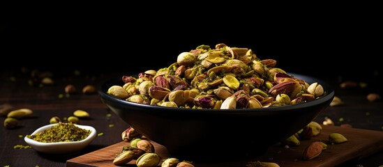 Poster - A nutritious snack displayed with roasted pistachios on a dark backdrop with copy space image.