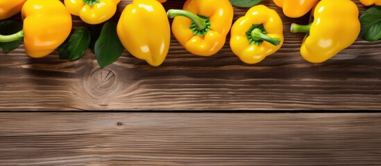 Aufkleber - Top view of vibrant yellow bell peppers on a rustic wooden surface with ample copy space for any additions or text.