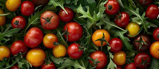 Poster - An aerial view of a mix of various tomatoes with arugula leaves, creating a fresh and healthy summer dish, presented with copy space image.