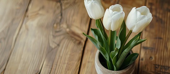 Aufkleber - Two white tulips in the pot on wooden table. with copy space image. Place for adding text or design