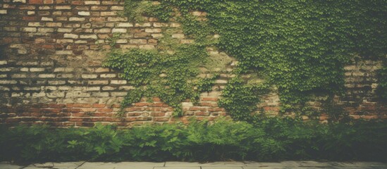 Aufkleber - Vintage toned, decorative old brick wall background texture with grass, perfect for copy space image.