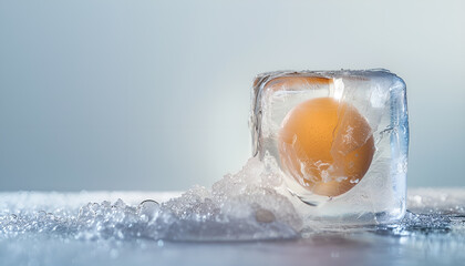 Cryopreservation of genetic material. Ovum in ice cube on white background