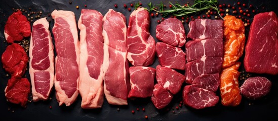 Aufkleber - Assorted seasoned raw meat on a dark backdrop in a top-down view with room for a copy space image.