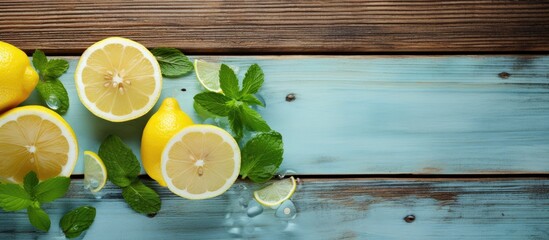 Aufkleber - Refreshing homemade lemonade with mint and ice, garnished with fresh lemons on a wooden backdrop, perfect for a healthy and detoxifying summer beverage with copy space image.