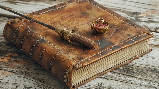 A book with a wand and a ring on top of it