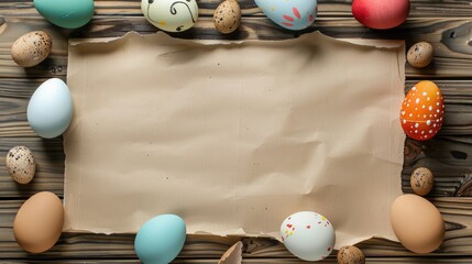 Sticker - Easter eggs and paper on wood background with empty space