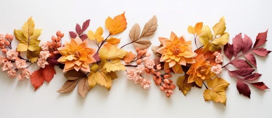 Fototapete - Top view of an autumn arrangement featuring maple leaves and flowers on a light background, perfect for a copy space image.