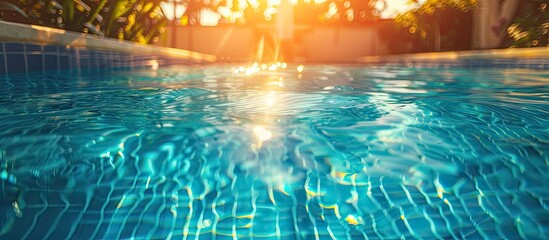 Ripple blue water in swimming pool with sun reflection. Copy space image. Place for adding text or design