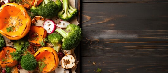 Poster - Rustic autumn pumpkin dish with grilled spices, olive oil, herbs, broccoli, and onions on a baking sheet. White wooden background from a top view with a copy space image.